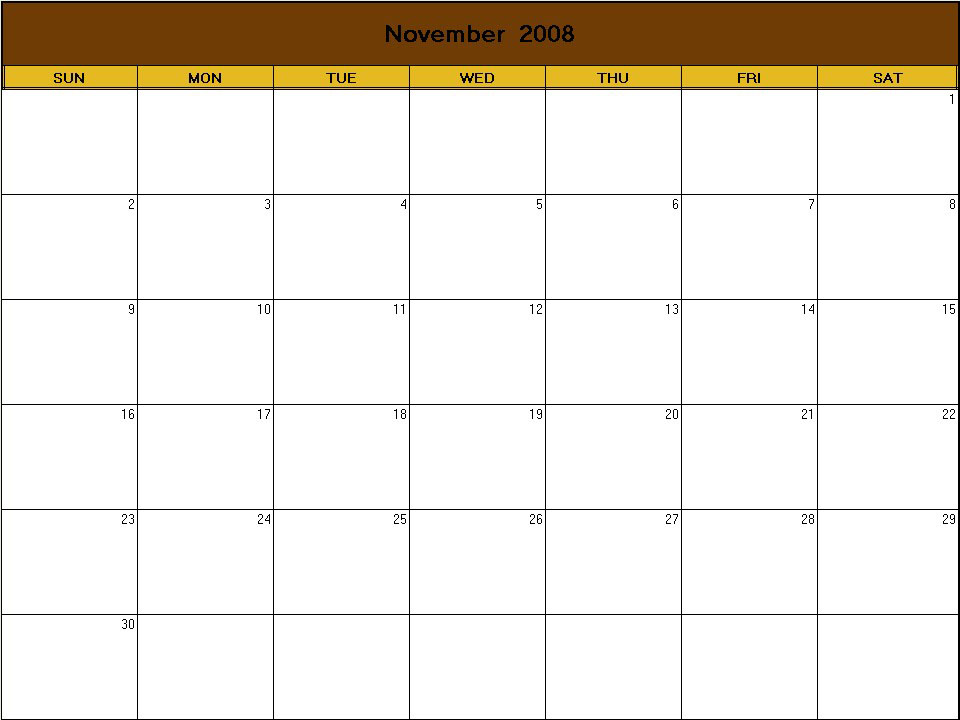 printable blank calendar image for Thanksgiving 2008