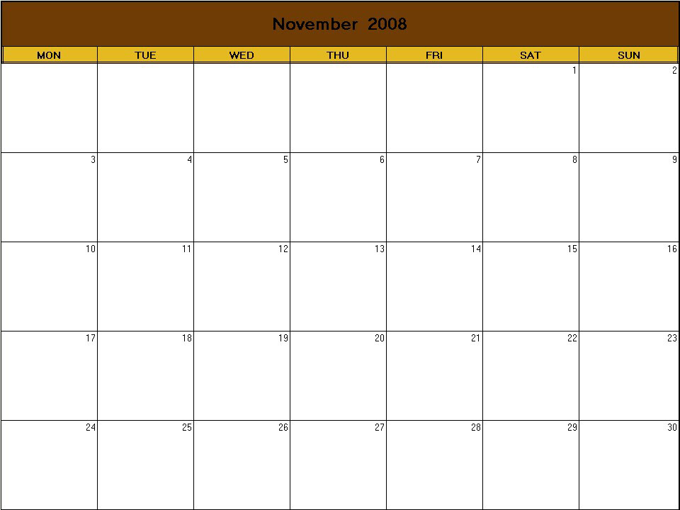 printable blank calendar image for Thanksgiving 2008