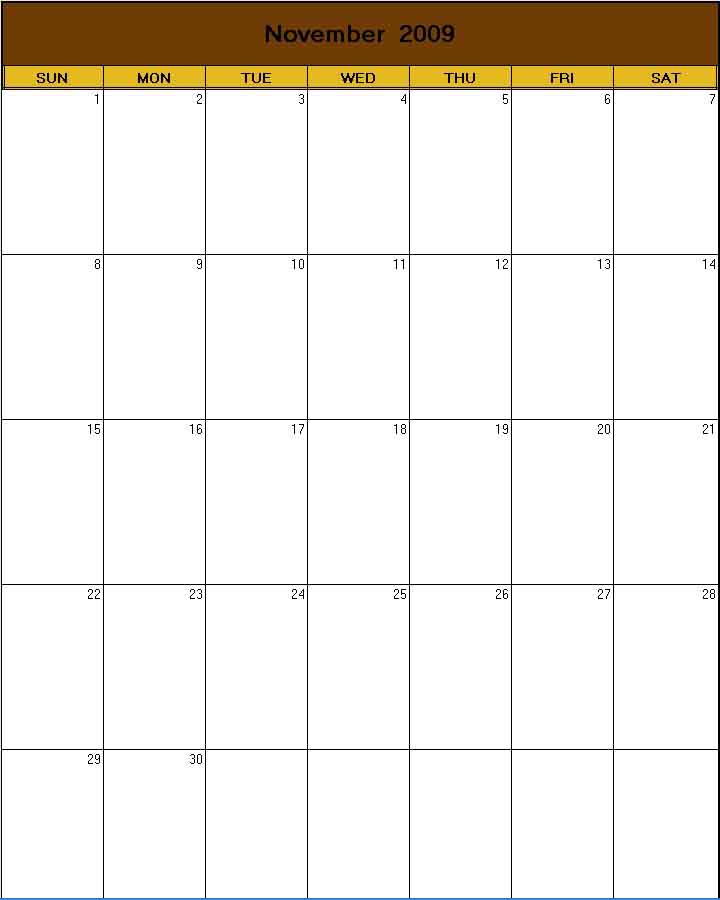 printable blank calendar image for Thanksgiving 2009