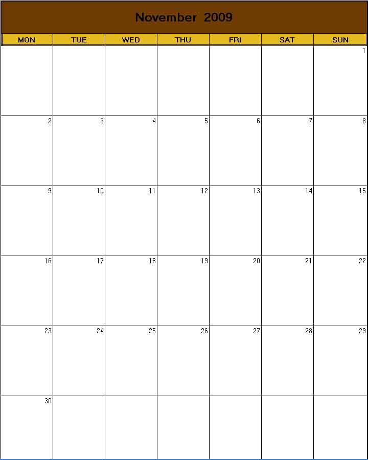 printable blank calendar image for Thanksgiving 2009