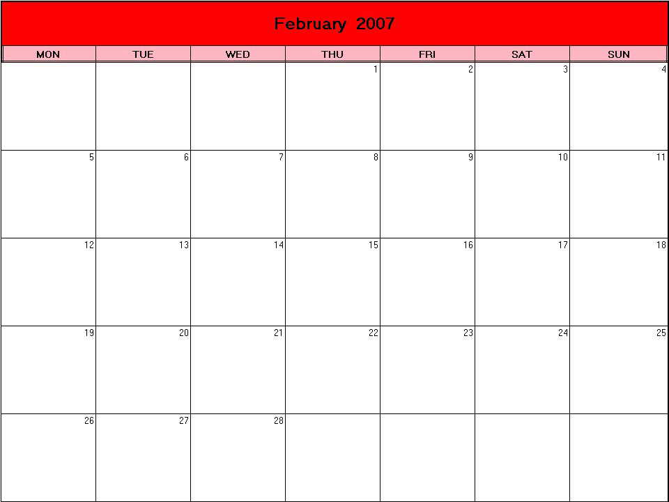 printable blank calendar image for Valentine 2007