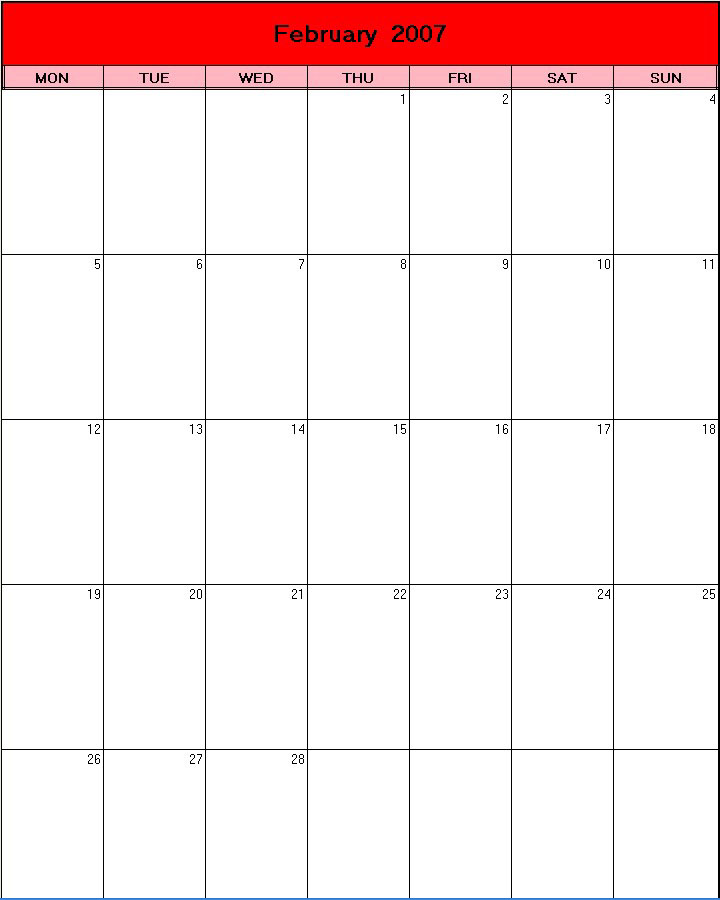 printable blank calendar image for Valentine 2007
