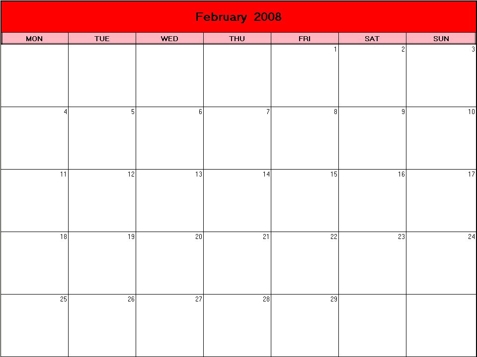 printable blank calendar image for Valentine 2008