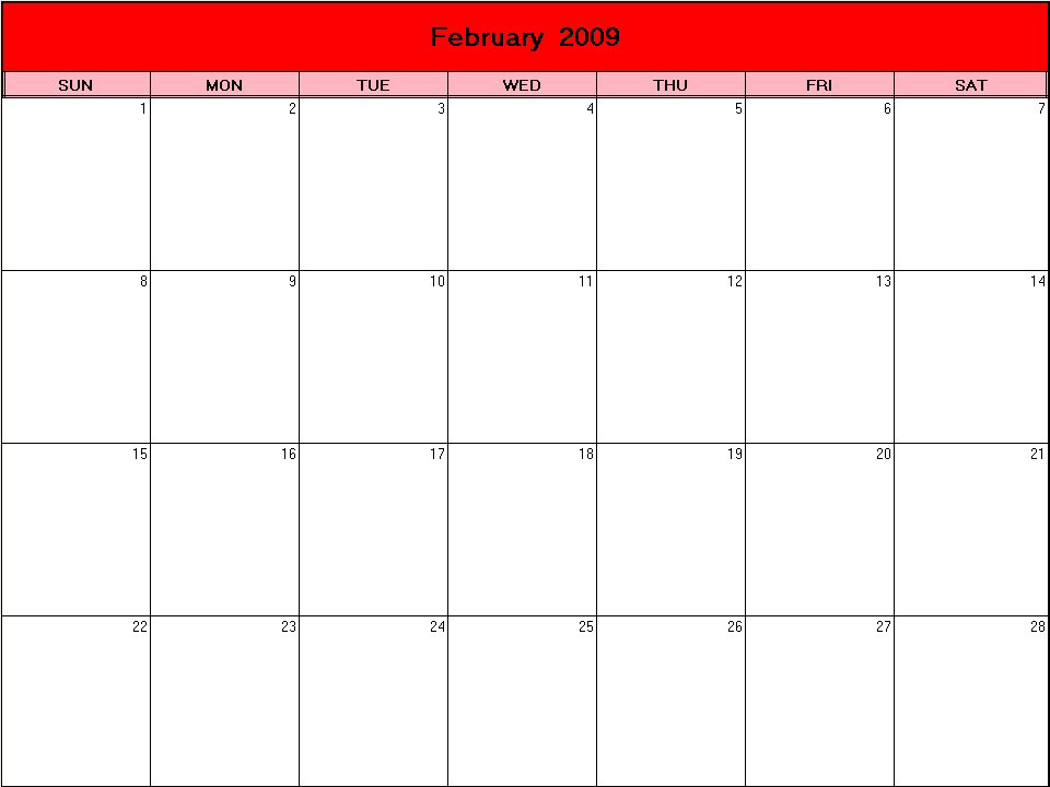 printable blank calendar image for Valentine 2009
