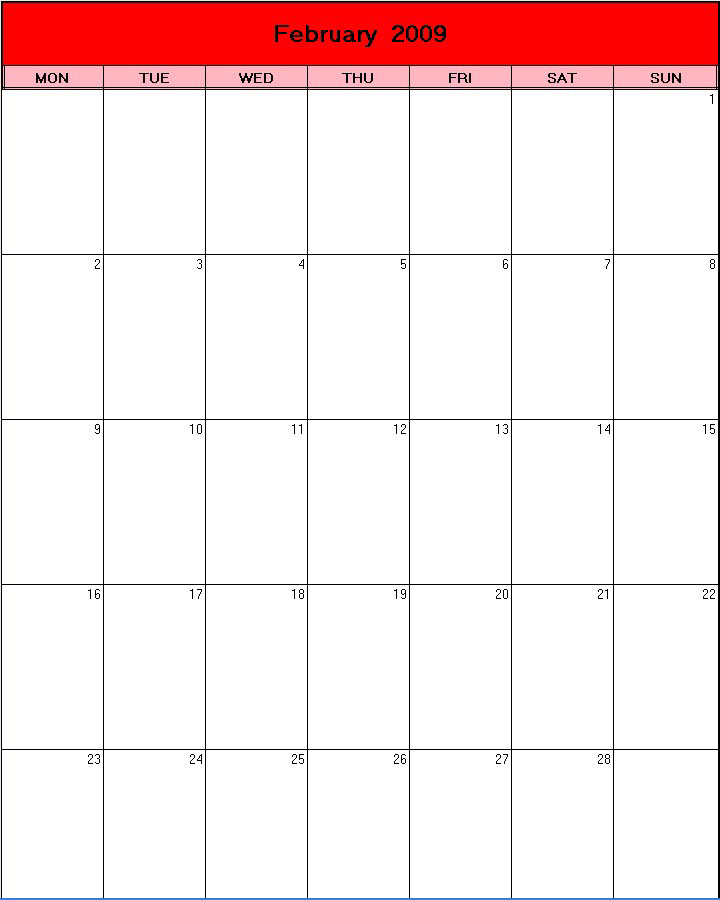printable blank calendar image for Valentine 2009