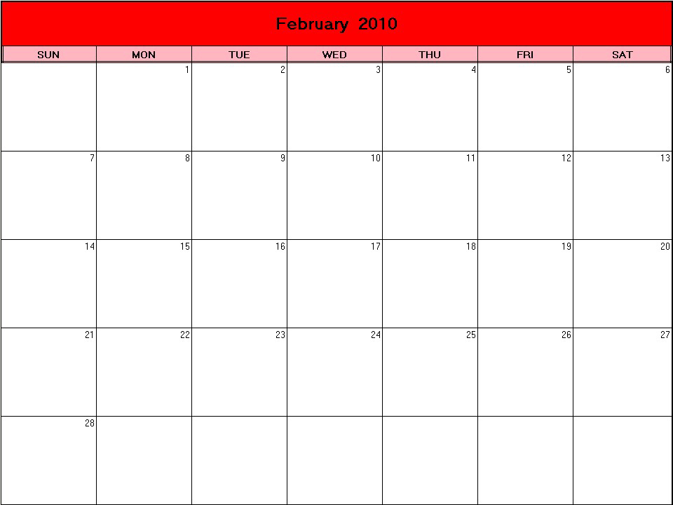 printable blank calendar image for Valentine 2010