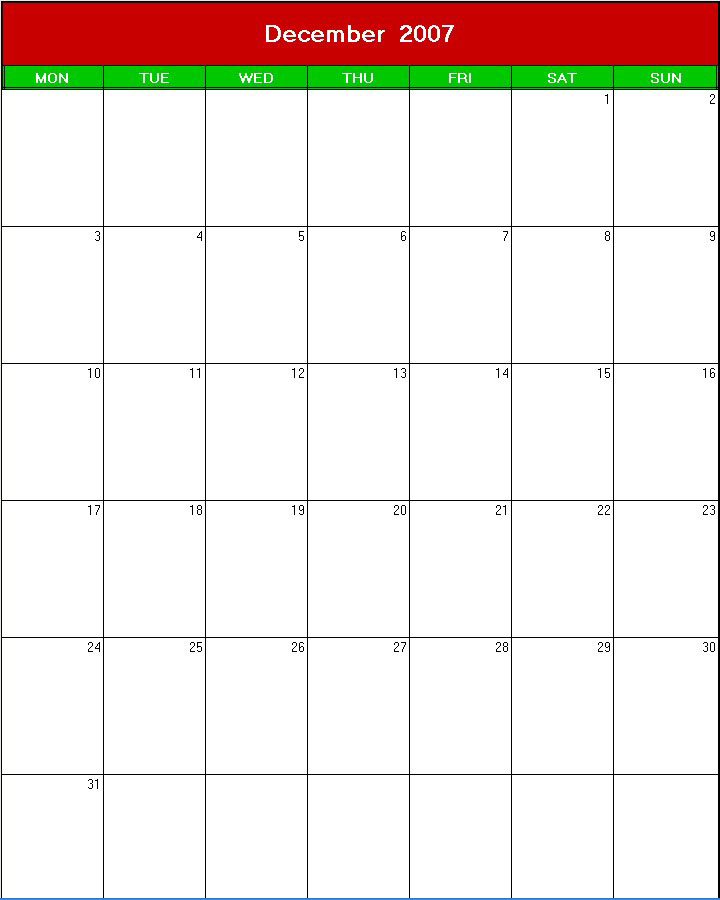printable blank calendar image for xmas 2007