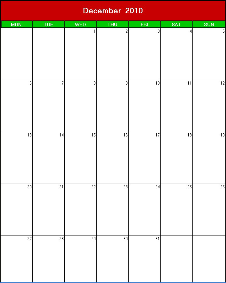 Xmas 2010 Printable Blank Calendar