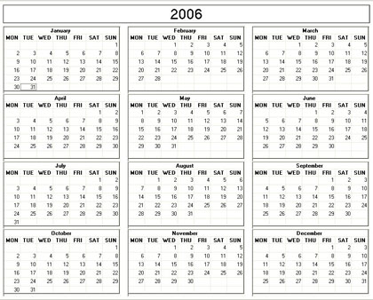 Yearly 2006 Printable Calendar - Color & Weekday Starts Monday