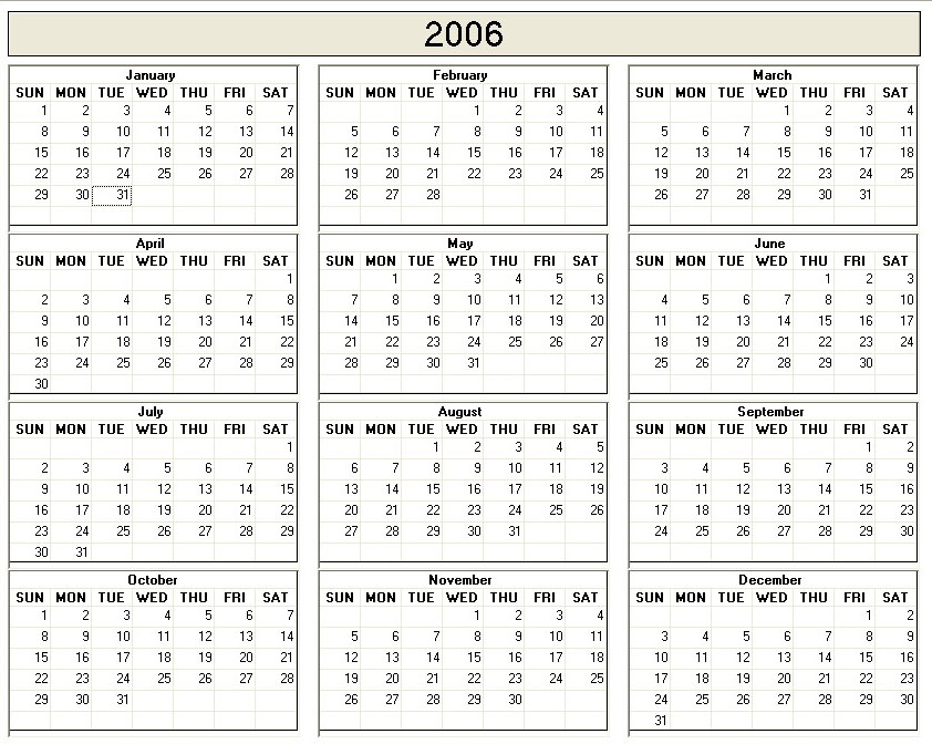 printable blank calendar image for year 2006