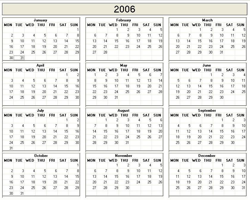 printable blank calendar image for 2006
