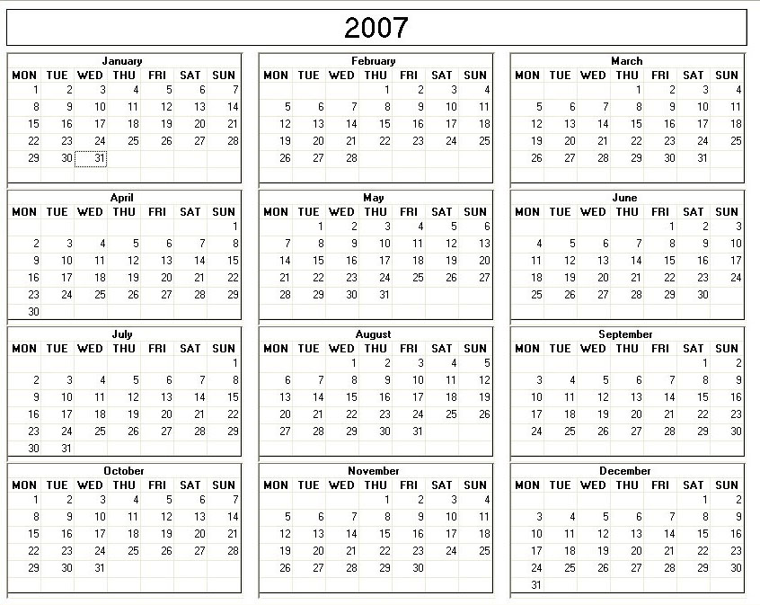 printable blank calendar image for year 2007
