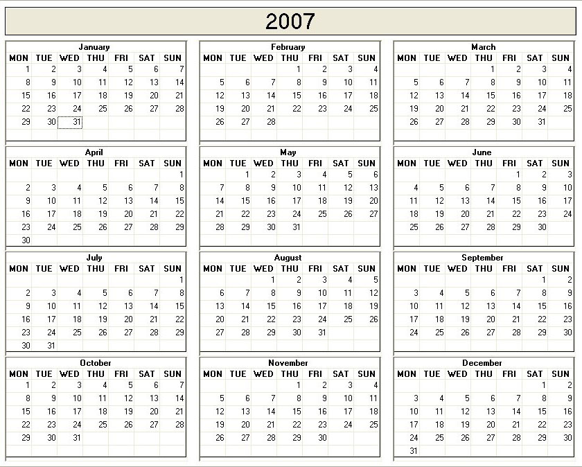 printable blank calendar image for 2007