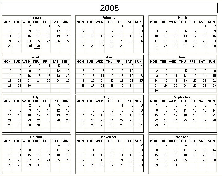 printable blank calendar image for year 2008