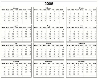 blank calendar,  printable calendar, 2008, image