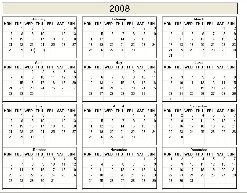 printable blank calendar image for 2008