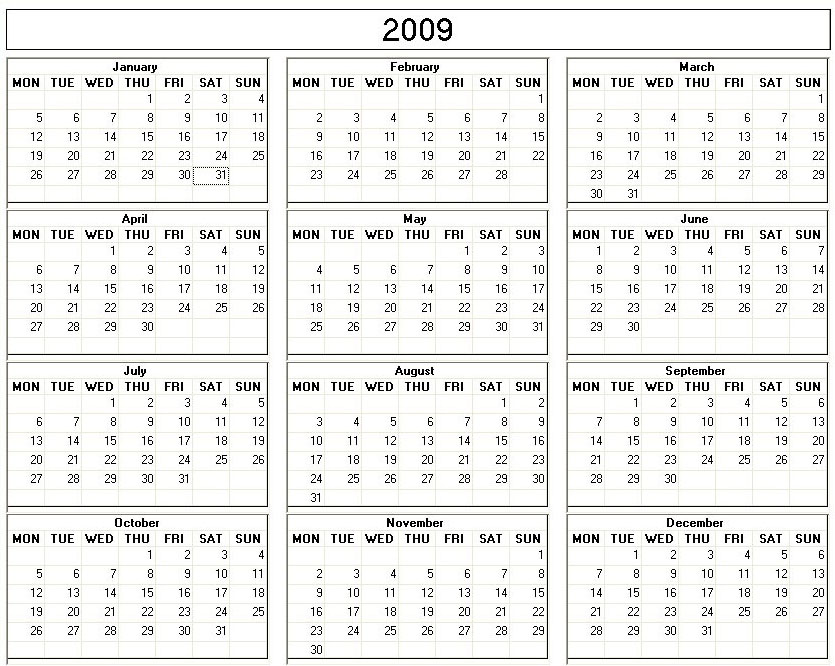 printable blank calendar image for year 2009