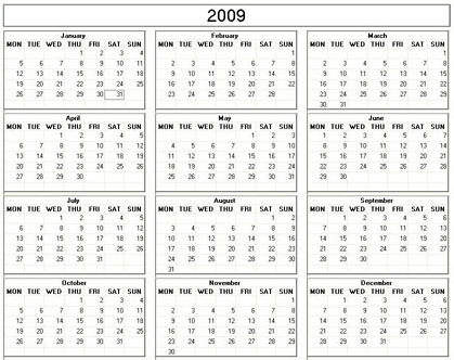 blank calendar,  printable calendar, 2009, image