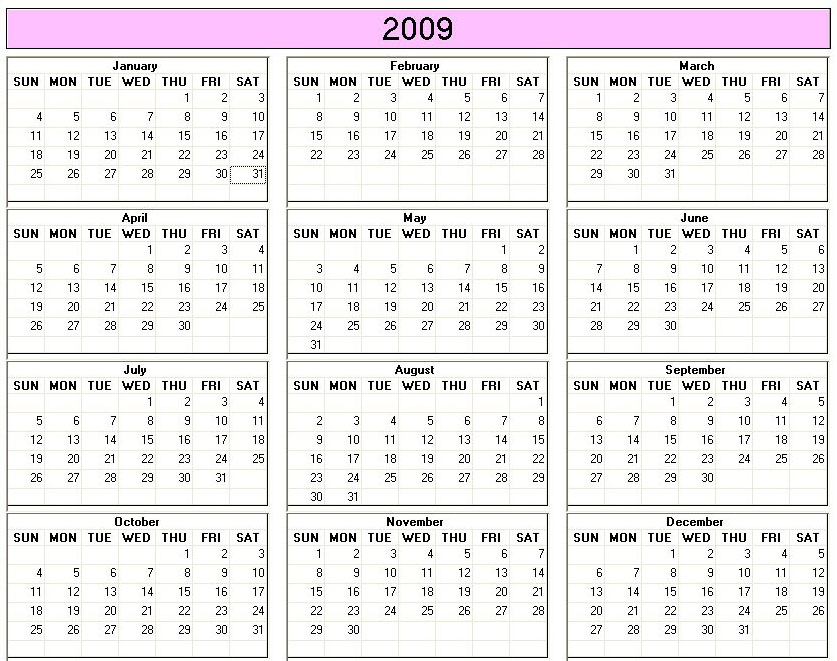 printable blank calendar image for year 2009