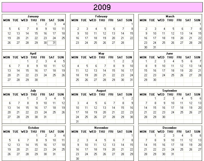 printable blank calendar image for 2009