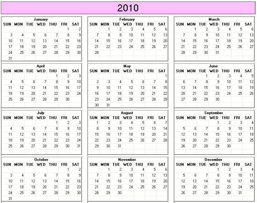 printable blank calendar image for year 2010