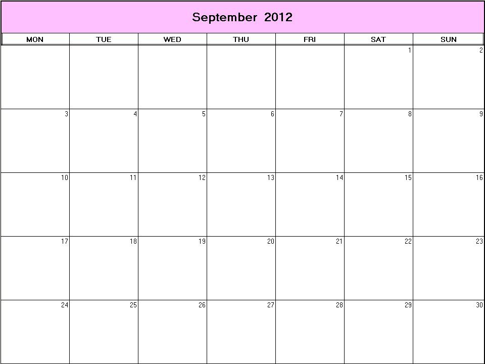 printable blank calendar image for September 2012