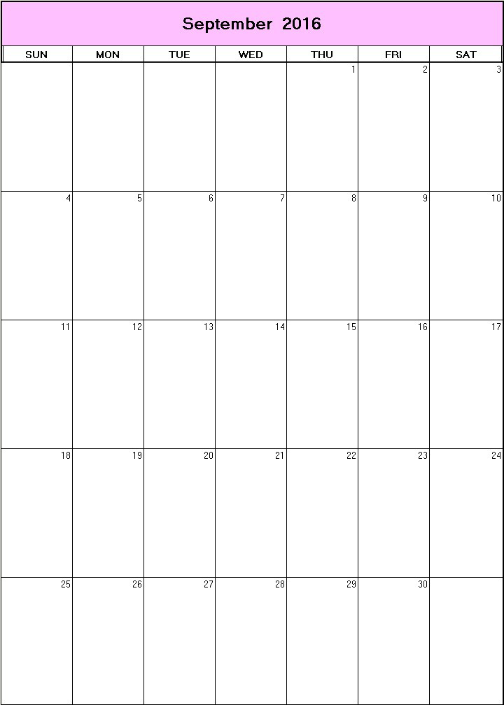 printable blank calendar image for September 2016