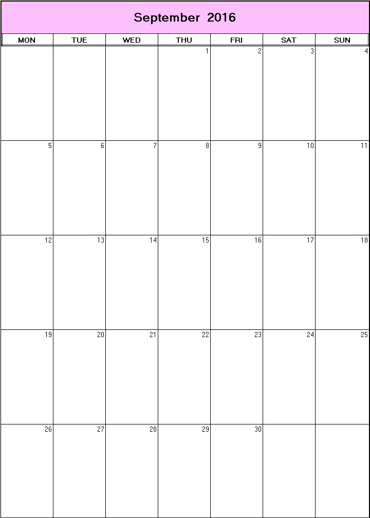 printable blank calendar image for September 2016