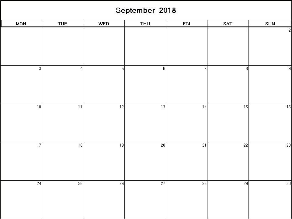 printable blank calendar image for September 2018