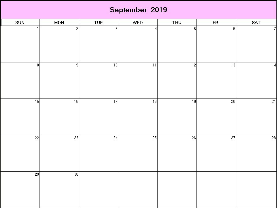 printable blank calendar image for September 2019