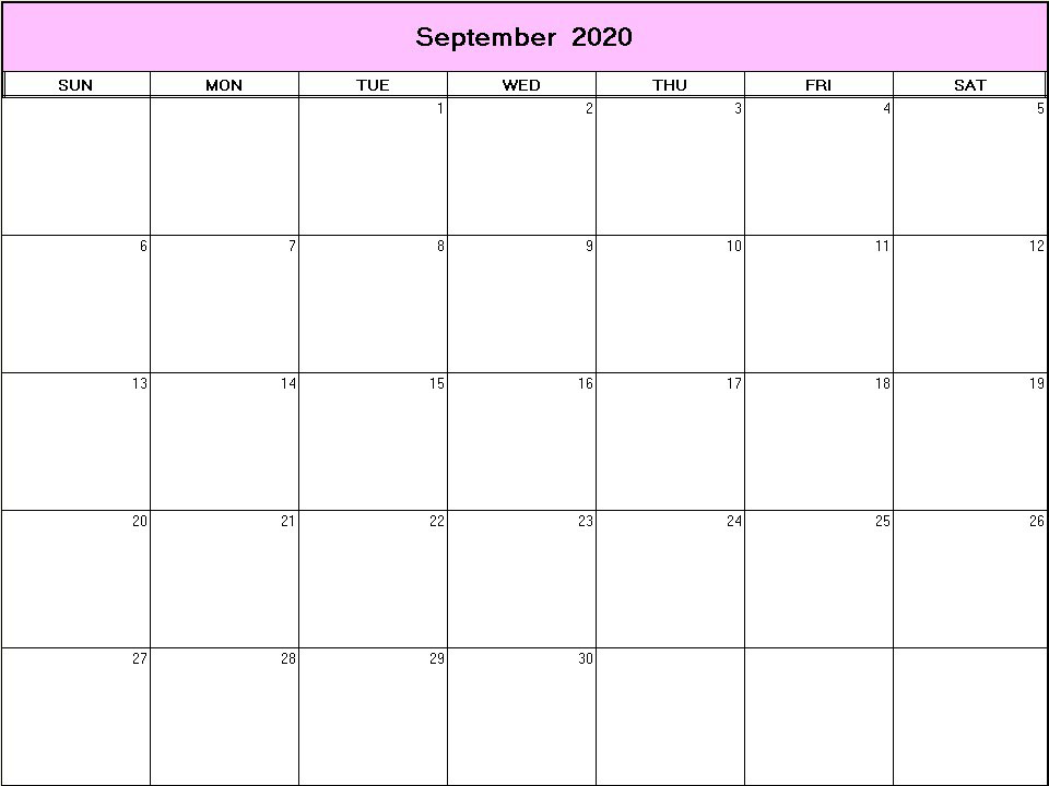 printable blank calendar image for September 2020