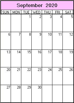 printable blank calendar image for September 2020