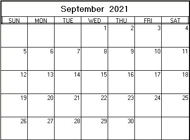 printable blank calendar image for September 2021