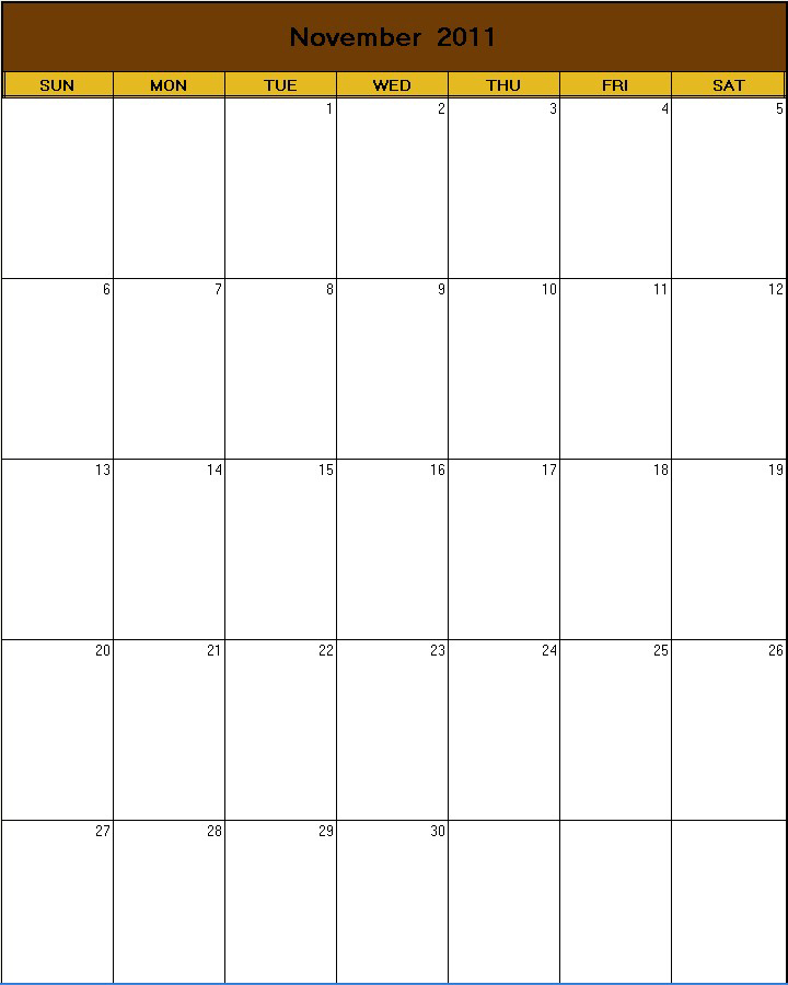 printable blank calendar image for Thanksgiving 2011
