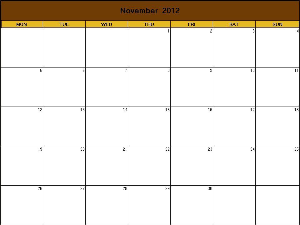 printable blank calendar image for Thanksgiving 2012
