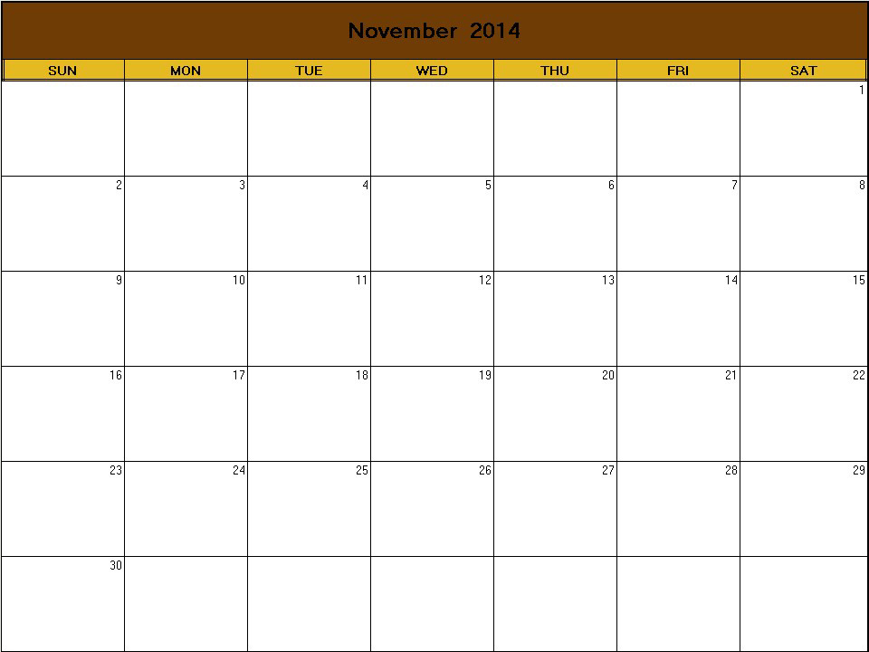 printable blank calendar image for Thanksgiving 2014
