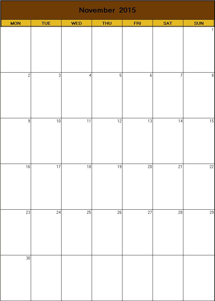 printable blank calendar image for Thanksgiving 2015