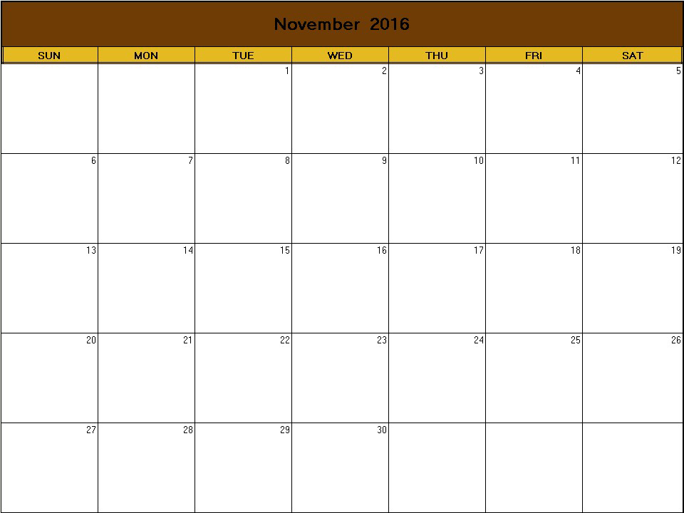 printable blank calendar image for Thanksgiving 2016