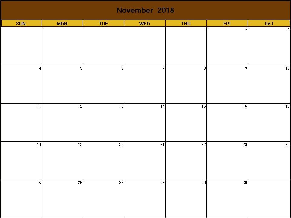 printable blank calendar image for Thanksgiving 2018