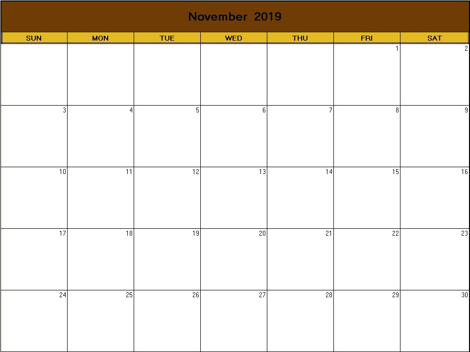 printable blank calendar image for Thanksgiving 2019