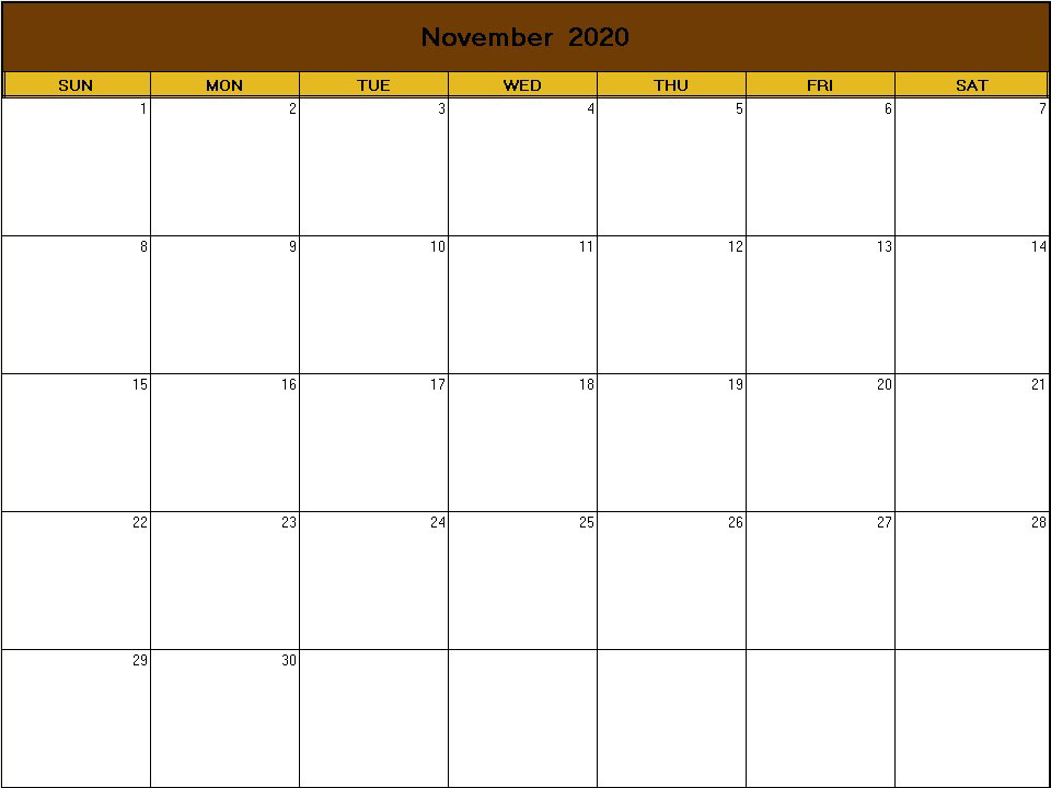 printable blank calendar image for Thanksgiving 2020