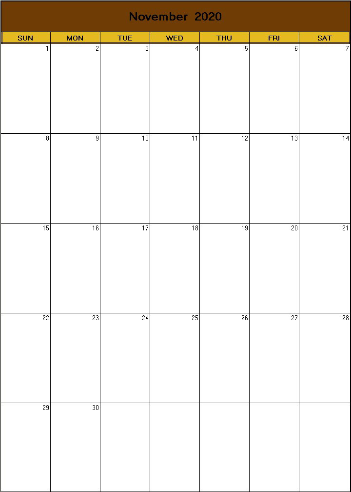 printable blank calendar image for Thanksgiving 2020