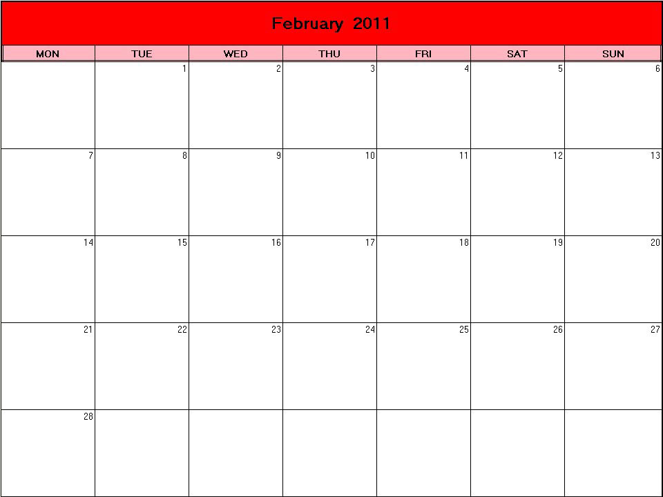 printable blank calendar image for Valentine 2011