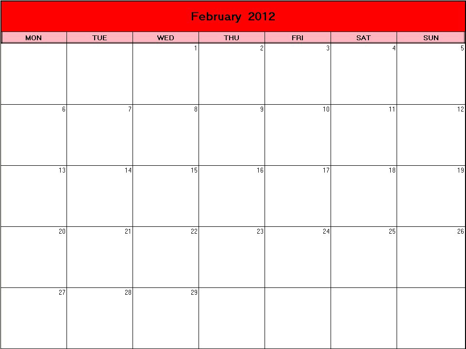 printable blank calendar image for Valentine 2012