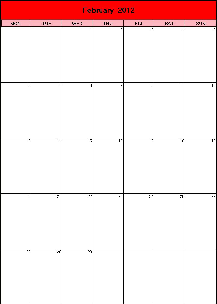 printable blank calendar image for Valentine 2012