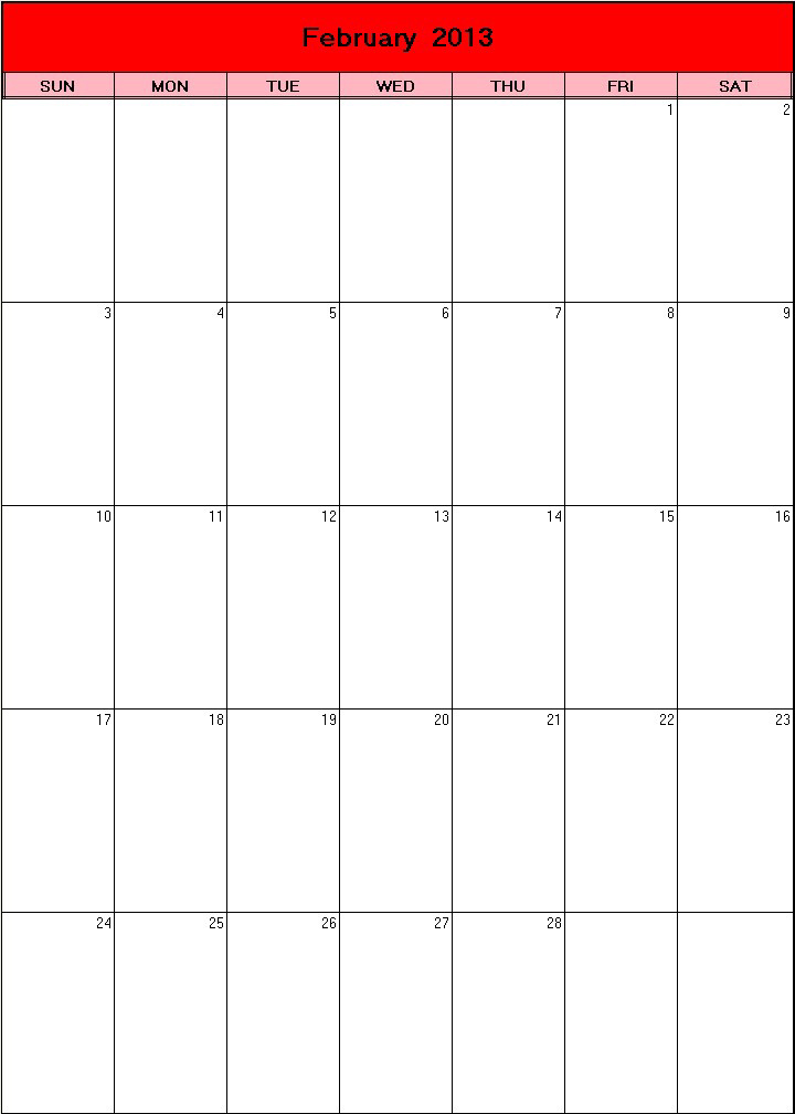 printable blank calendar image for Valentine 2013