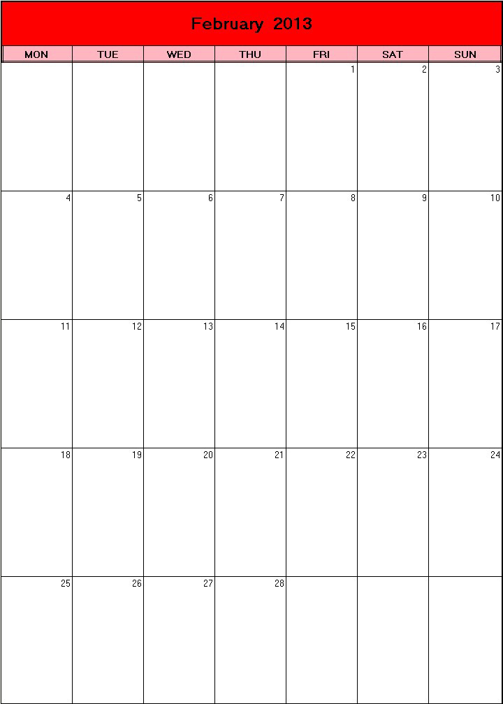 printable blank calendar image for Valentine 2013