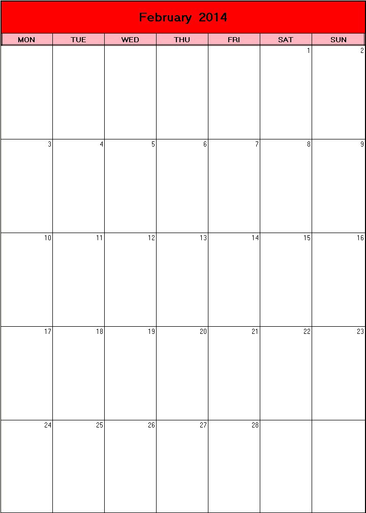 printable blank calendar image for Valentine 2014