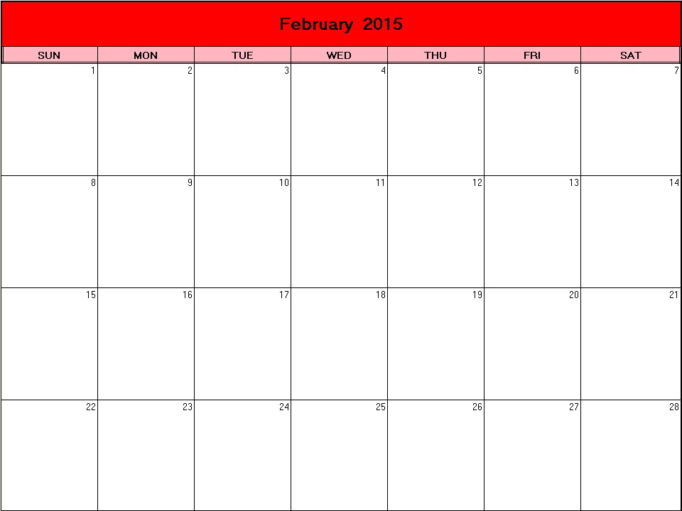printable blank calendar image for Valentine 2015