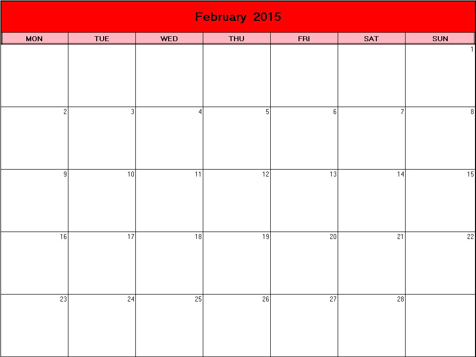 printable blank calendar image for Valentine 2015